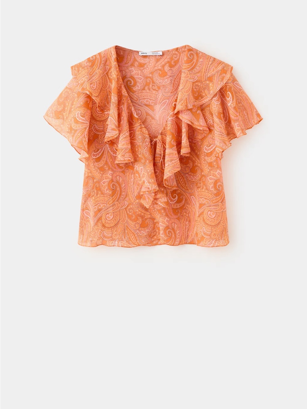 Mango Orange Paisley Ruffle V-Neck Blouse